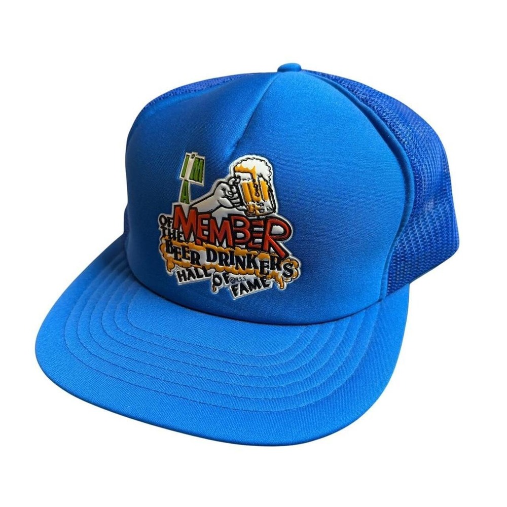 Vintage Drinkers Hall of Fame Trucker Hat Blue Mesh Snapback Beer Novelty Cap
